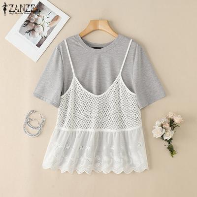 Women Casual Round Neck Summer Patchwork Short Sleeve T-Shirts