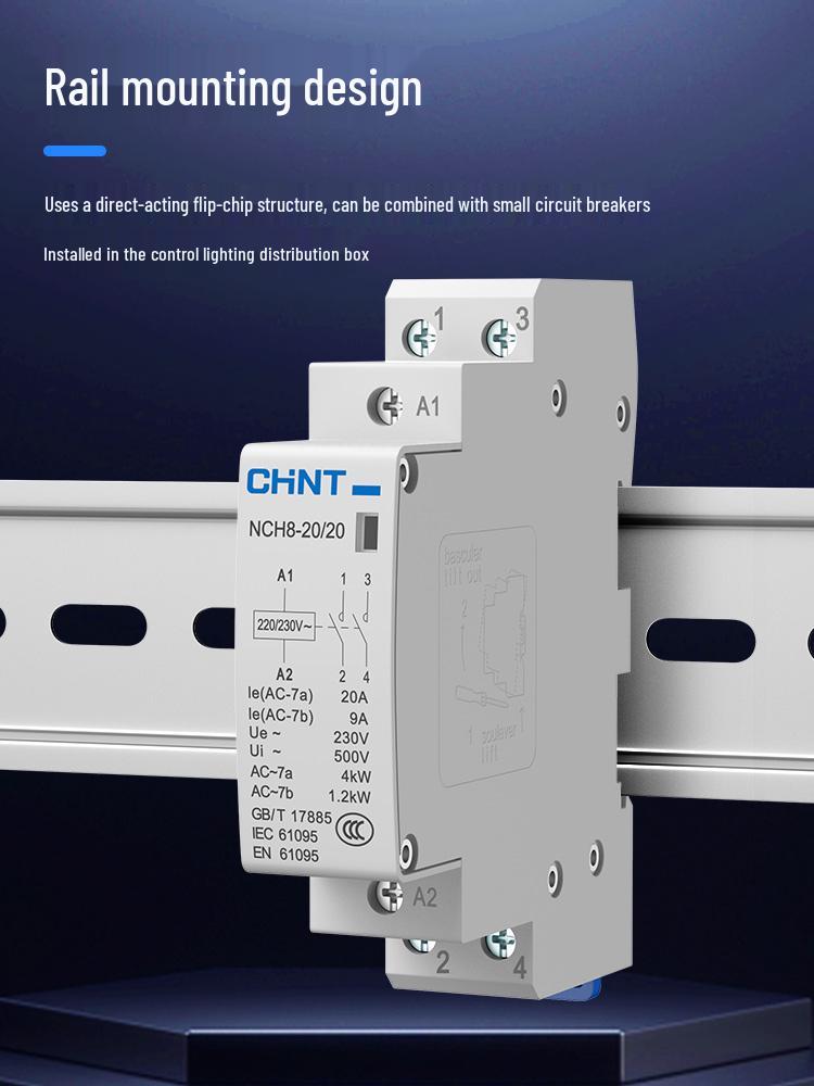 Chint NCH8-20/20 Silent AC Contactor, Single-Phase, 220V, 24V DIN Rail Mount
