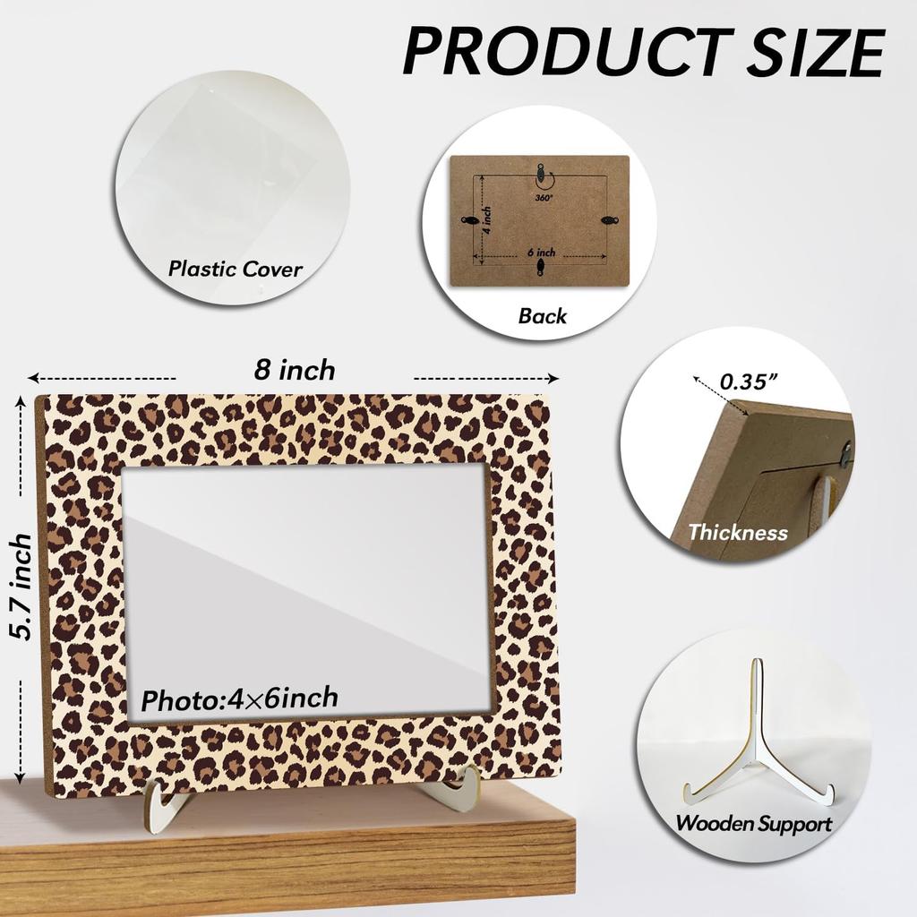 Leopard Print Picture Frames, Decorative Wood Photo Frames Birthday Gifts for Sister Women Girls Mom Daughter Tabletop Display 4x6 Photo Living Room