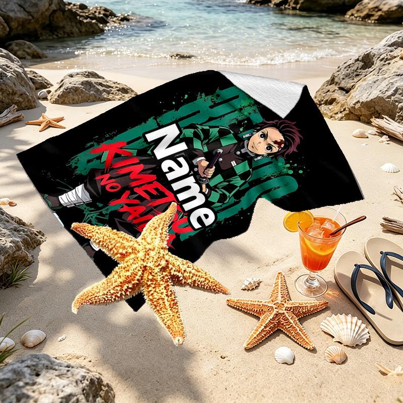 Custom Name Personalized Demon Slayer Print Beach Towel, for Trip Camping Beach Party Home Decor, Birthday Gift for Family & Friends