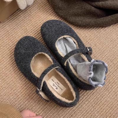 Modische Schnallenriemen Damen Mary Janes Ballerinas mit Pelzschuhen Runde Zehenspitze Weibliche Plüschschuhe Damen Ballerinas Warme Schuhe