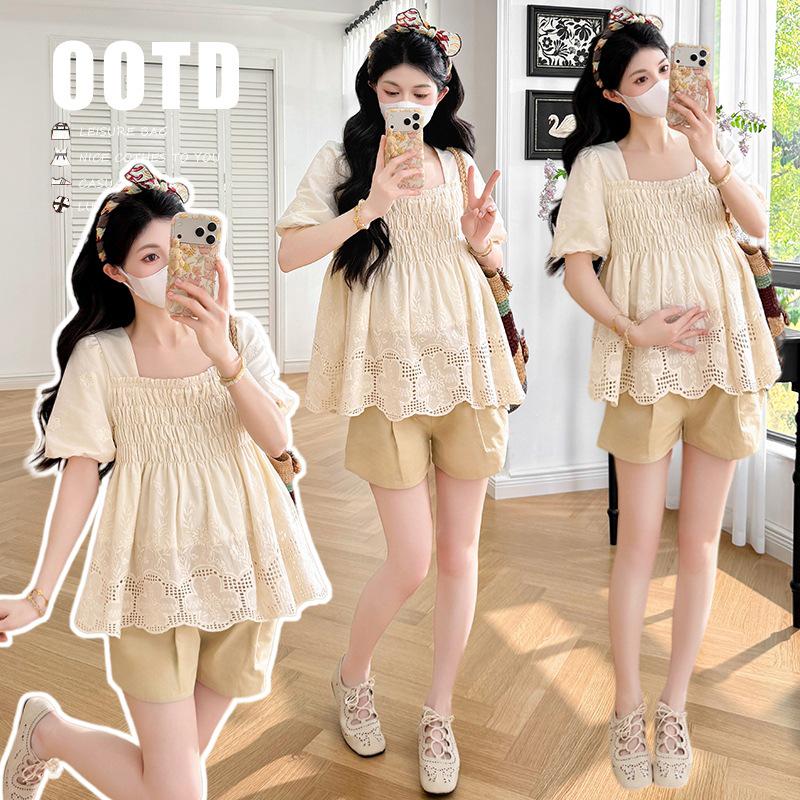 

2026 Summer Hollow Jacquard Cotton-Linen Puff Sleeve Doll Shirt with Tummy Support Shorts L