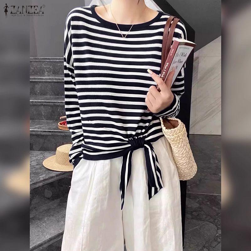ZANZEA Women Casual Round Neck Loose Long Sleeve Stripe Blouse