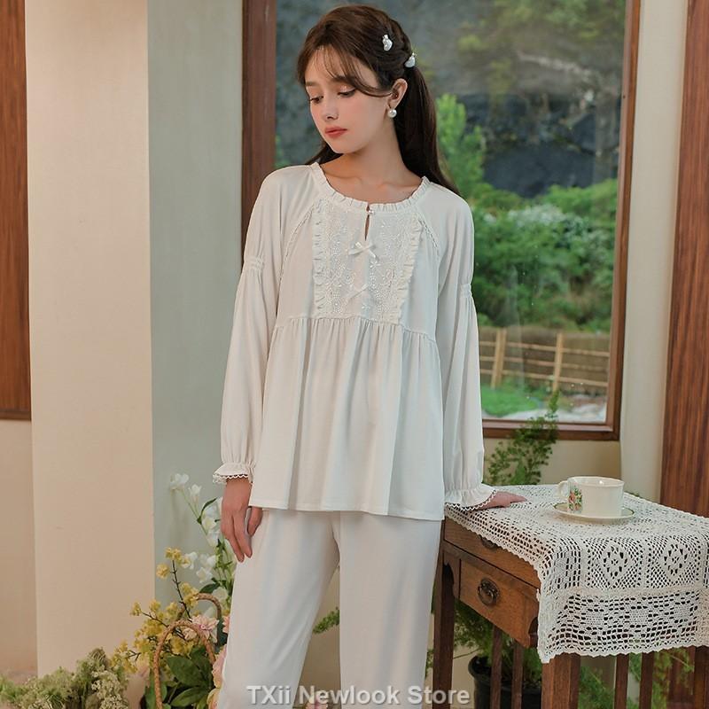 

Пижама в стиле принцессы для женщин, осенний комплект из брючного костюма с длинными рукавами и милой кружевной отделкой, а также домашняя одежда для девочек L