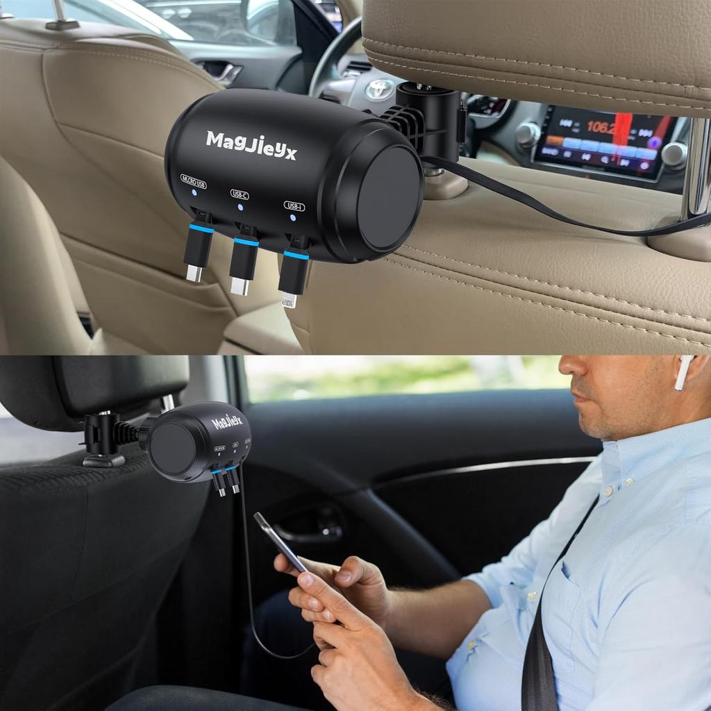 Multi Retractable Car Charging Station Box, 3 in 1 Headrest Fast Power Charging Dock Cord USB Type C Fits iPhone 16/15/14/iPad/Android/Samsung|Uber