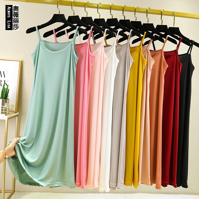 Women's summer simulated silk thin large size solid color nightdress thin sleeveless pregnant women's belly cover dress can be worn outside
