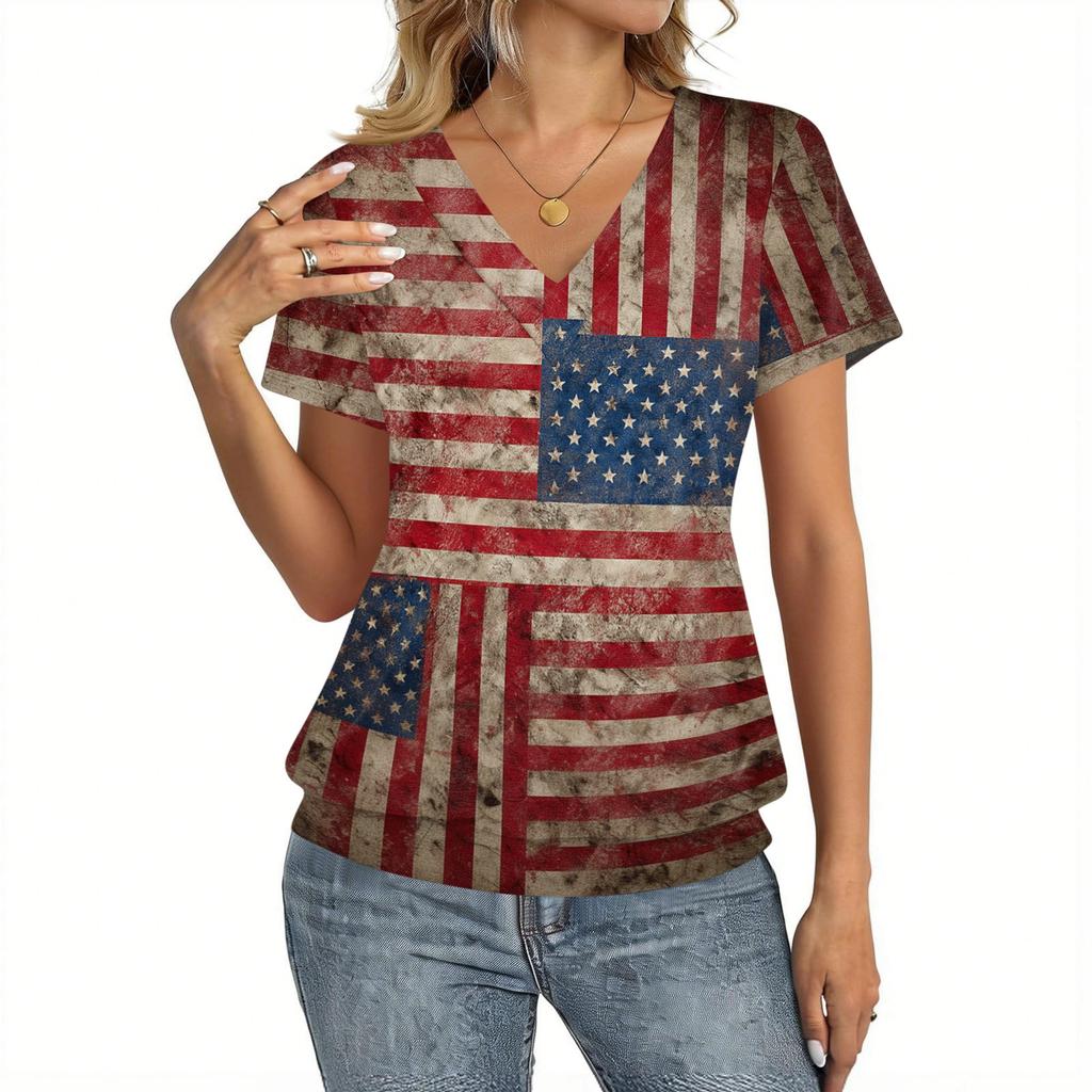 Women's Casual Short Sleeve V Neck Top with Independence Day Flag Print Lightweight Comfortable Summer Shirt for Daily Wear