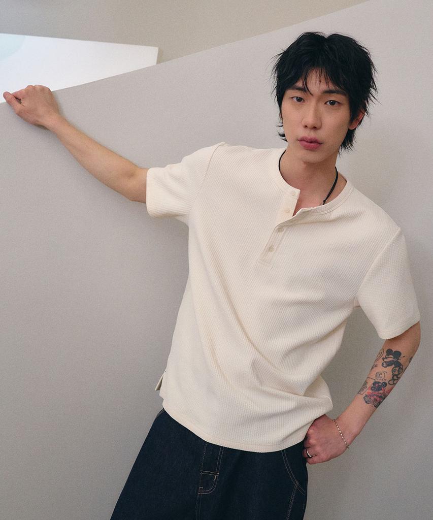 GENERALIDEA Man Waffle Henley Neck Short Sleeve T-Shirt [Ivory] / Gf2Mts012