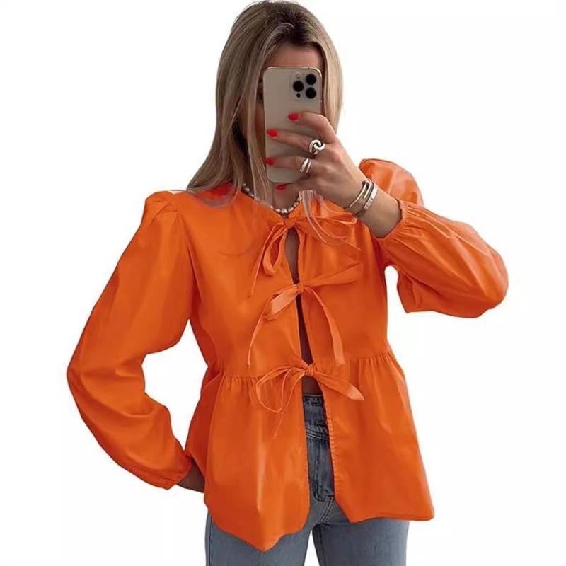 Short sleeve 2025 European and American Women clothes Street Fashion Bow Long sleeve Shirts Long Sleeve Shirt