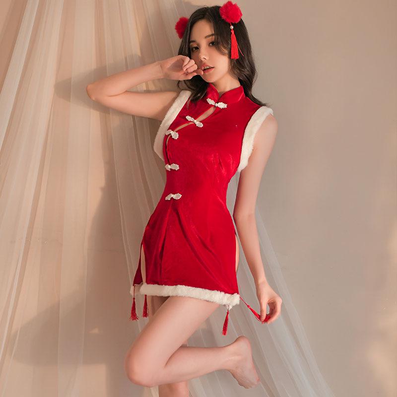 Retro Christmas Cheongsam Lingerie: Cute Red Backless New Year Doll Dress