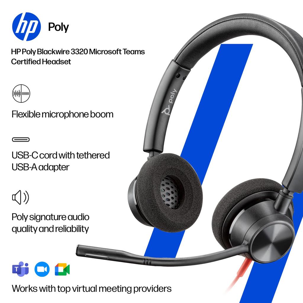 Poly Blackwire 3320 Wired Headset Microsoft Noise with for Web Plantronics Polycom 8G0Y9AA (USB-C Connection, Certified, Cancelling, Microphone,