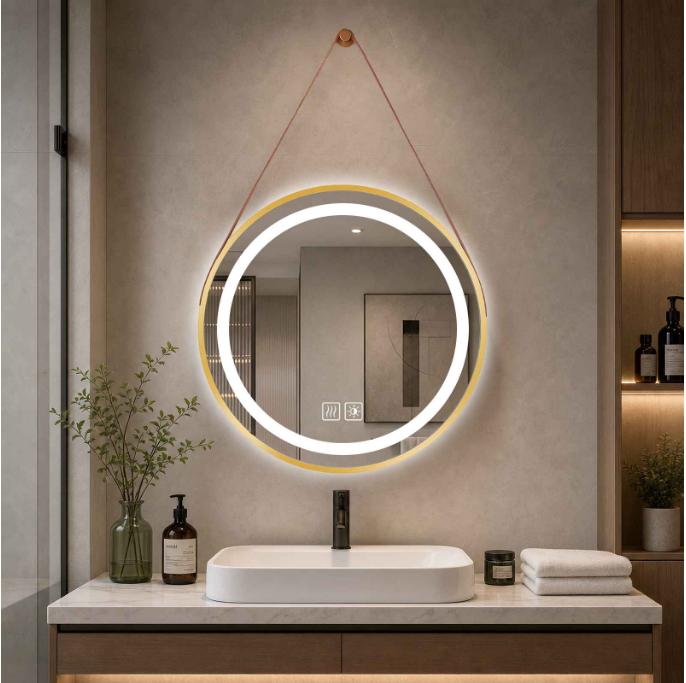 70cm Large Round Gold LED Bathroom Mirror with Hanging Strap, Anti-Fog and Dimmable 3 Colors