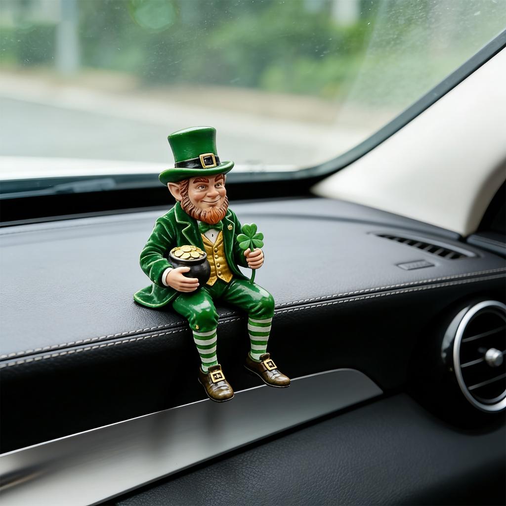 Resin Sitting Leprechaun Figurine with Pot of and Shamrock Hat Irish Folklore Character Statue Ornament