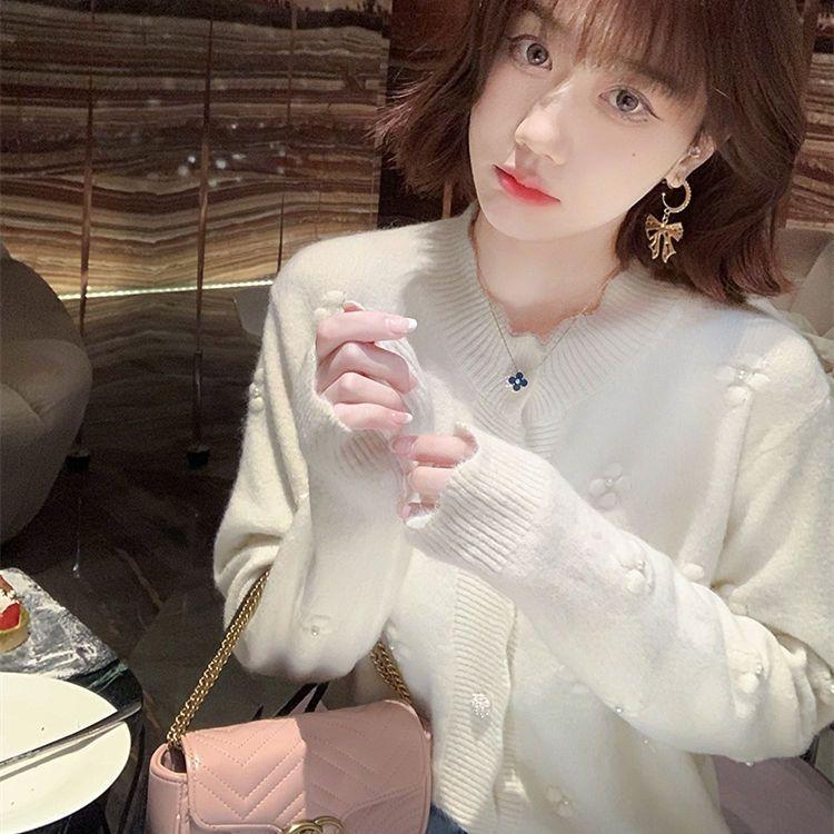 

Свитер кружевной вязаный кардиган женский пуловер осень 2022 с длинными рукавами однотонный жаккардовый свитер для похудения свитер кардиган пальто One Size бежевый