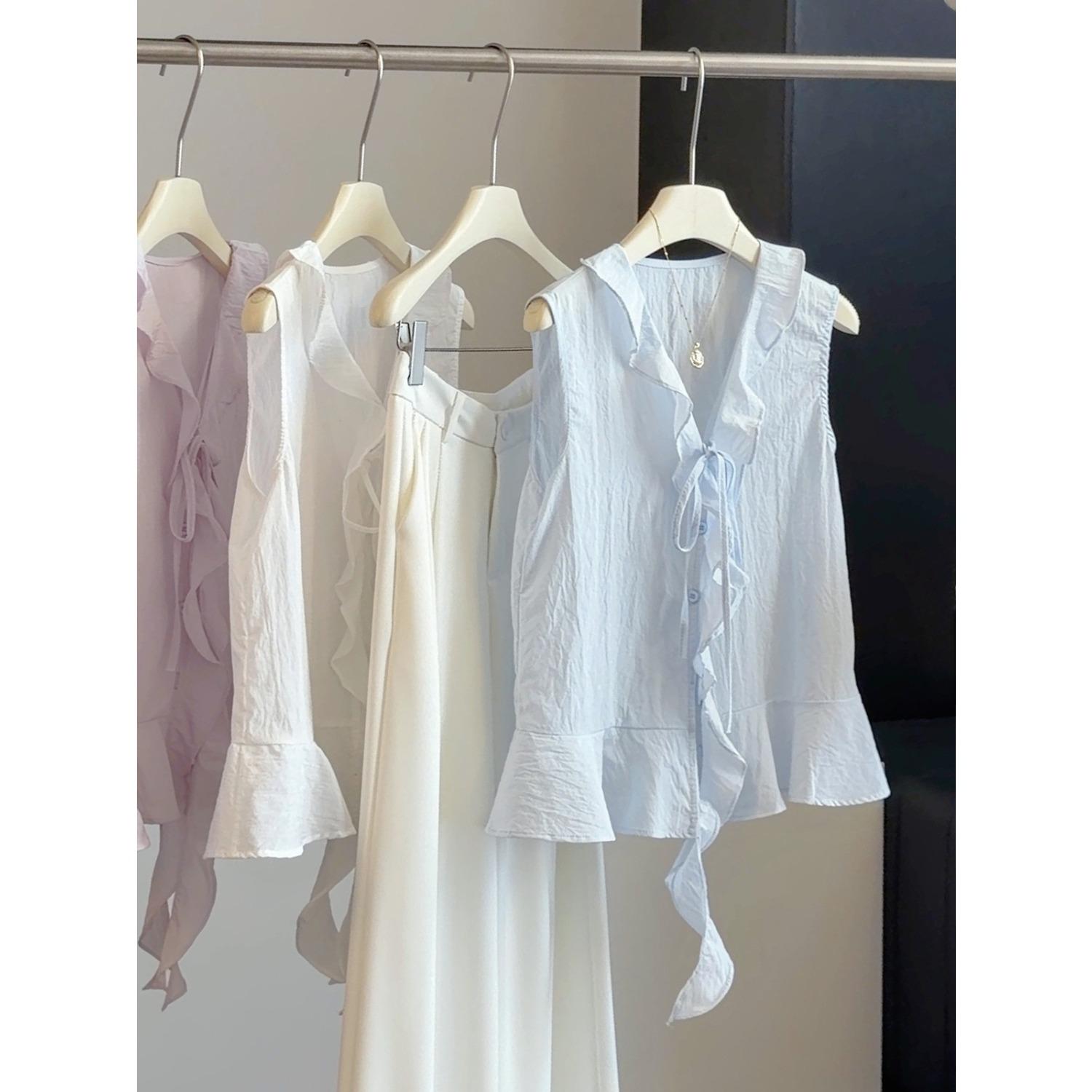 Women s V-Neck Sleeveless Blouse Ruffle Hem Loose Casual Summer Tank Top Shirt one size