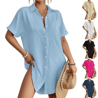 Camisa Larga de Moda para Mujer con Cuello de Color, Botones, Bolsillo Suelto, Manga Corta