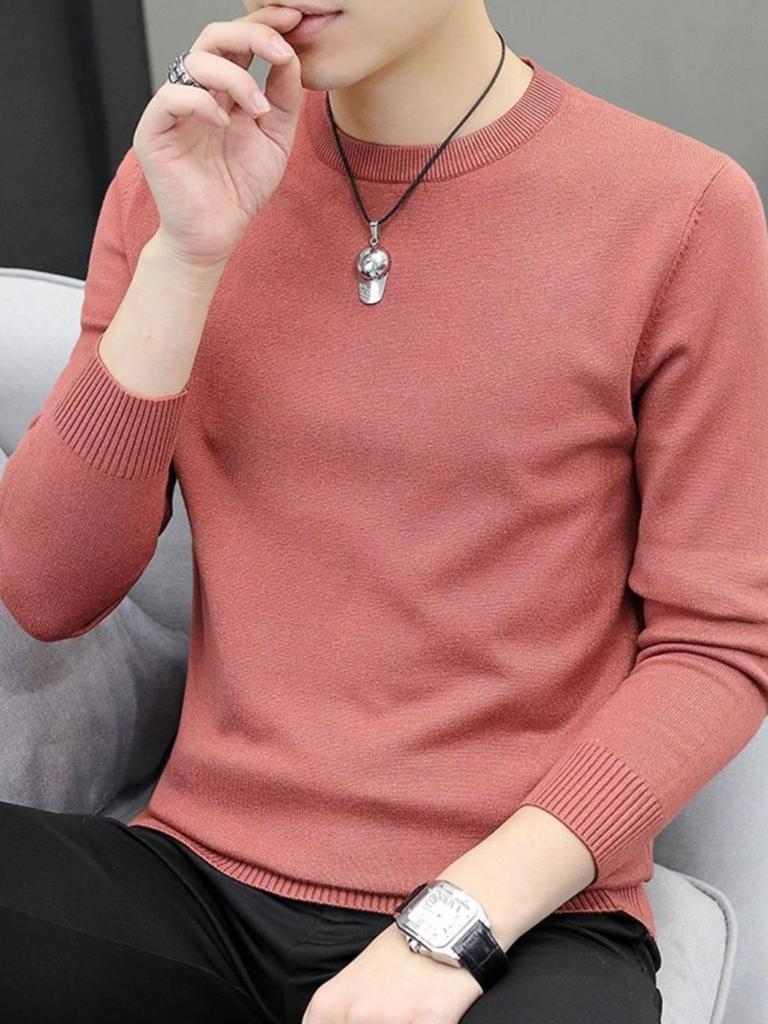 Men's Slim Fit Round Neck Sweater: Long Sleeve, Thin Pullover, Solid Color, Plus Velvet Knitwear for Autumn/Winter.