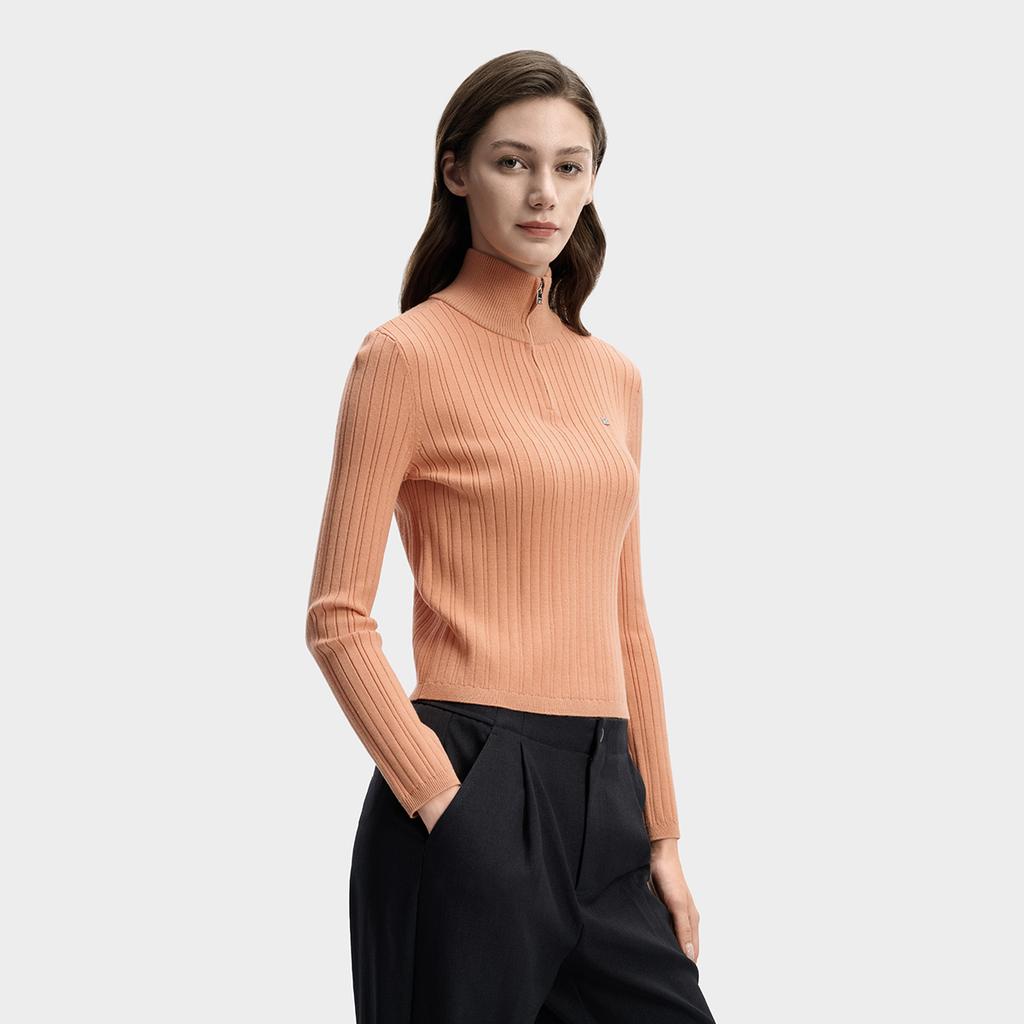 Fila Biela Klasická Módna Jednoduchá Elegantná Ležérna Pohodlná Všestranná Štíhly Strih Polovičný Zips Stojačik Pletený Sveter Dámske topy Oranžová F11W613401FOR