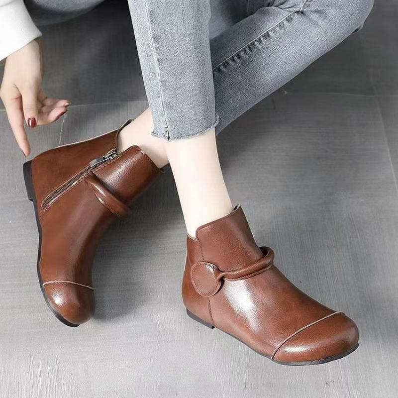 Fleeceové boty retro etnické krátké boty podzim a zima nové měkká kůže měkká podrážka ploché jednoboty Maillard univerzální jednoboty