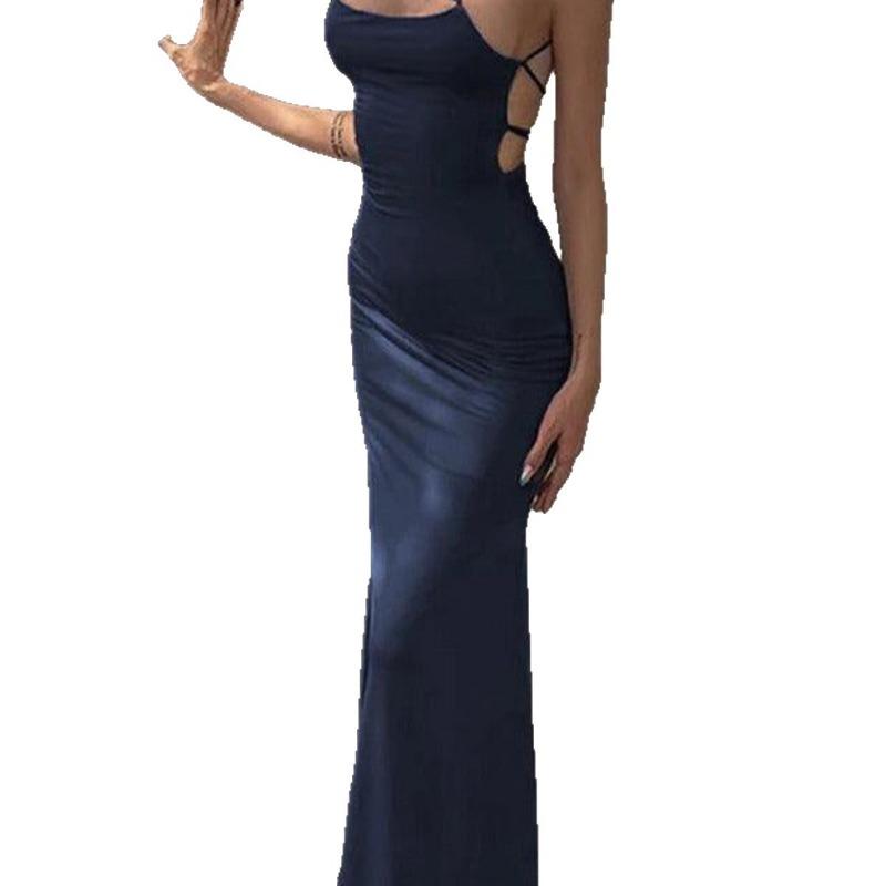 Women Y2k Sexy Lace Up Hollow Out Backless High Waist Slim Fit Bodycon Long Maxi Dress