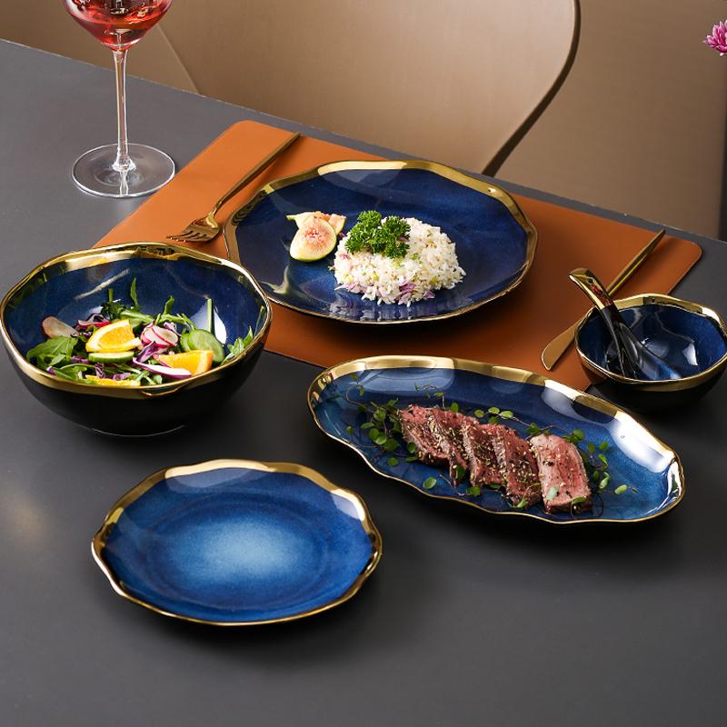 Creative Irregular Ceramic Plate Bowl Nordic Blue Glaze Irregular Golden Edge Steak Plate Main Dish Plate Household Tableware