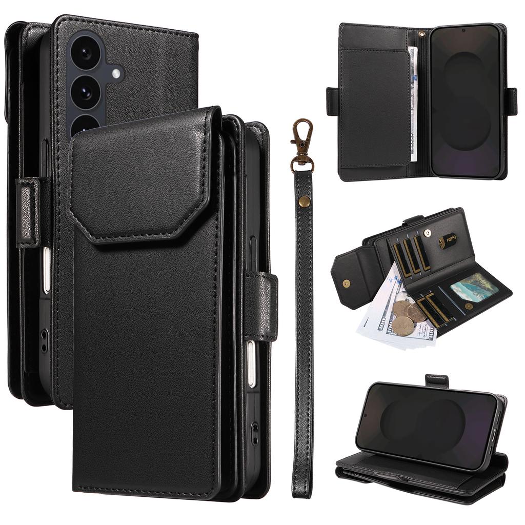 For Samsung Galaxy S25 FE Case with Multi-Card Holder and Strap PU Leather Phone Cover Stand