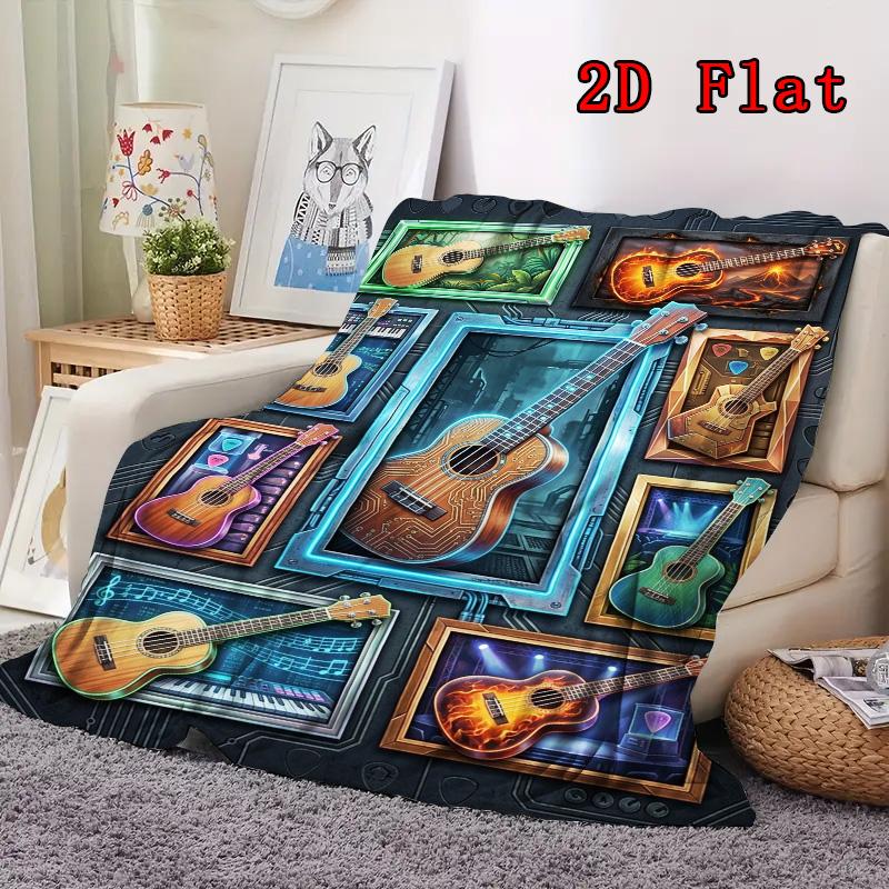 Guitar Collection Showcase 2D Flat Pattern Flannel Blanket, High Quality All Seasons, Home Decor, Warmth and Comfort, Perfect for Christmas Gifts.