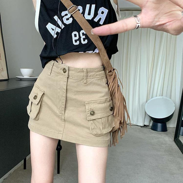 

2024 Autumn Khaki Denim Slimming Workwear Dress: American-Style High Waist A-Line Mini Skirt Medium