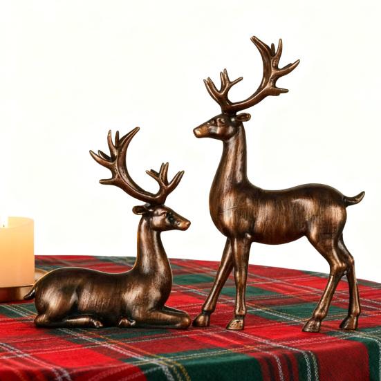 Yousheng 1 Pair Christmas Electroplating Golden Reindeer Statue Standing Sitting Elk Figurine Deer Sculpture Home Office Desktop Decoration Ornament