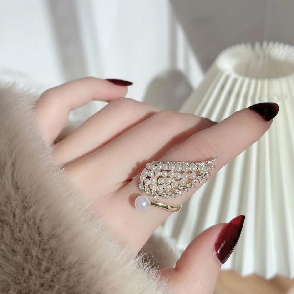 

Temperament Full of Pearl Angel Wings Rings for Women Luxury Gold Color Stainless Steel Zircon Finger Jewelry Bride Accessory resizable