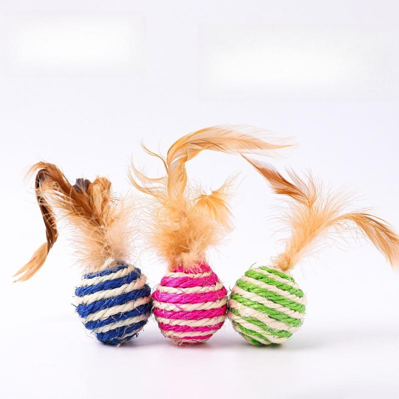 Feather sisal ball cat toy wholesale, scratch resistant, colorful woven cat toy ball, cat paw grinding, self fun pet supplies