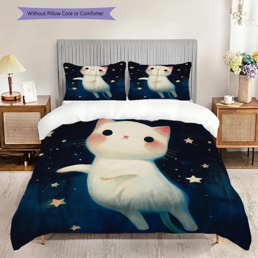 White Cat Pattern Bedding Quilt Set Quilt Cover Pillowcase Home Decoration Birthday Gift (1 * Duvet Cover + 2 * Pillowcase, Without Core)