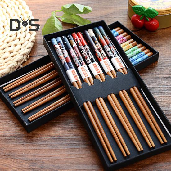 Anti-Rutsch 5 Paar Essstäbchen, gratfrei, lebensmittelecht, guter Halt, antihaftbeschichtet, Essen, 6 Stile, Blumenmuster, Bambus-Essstäbchen