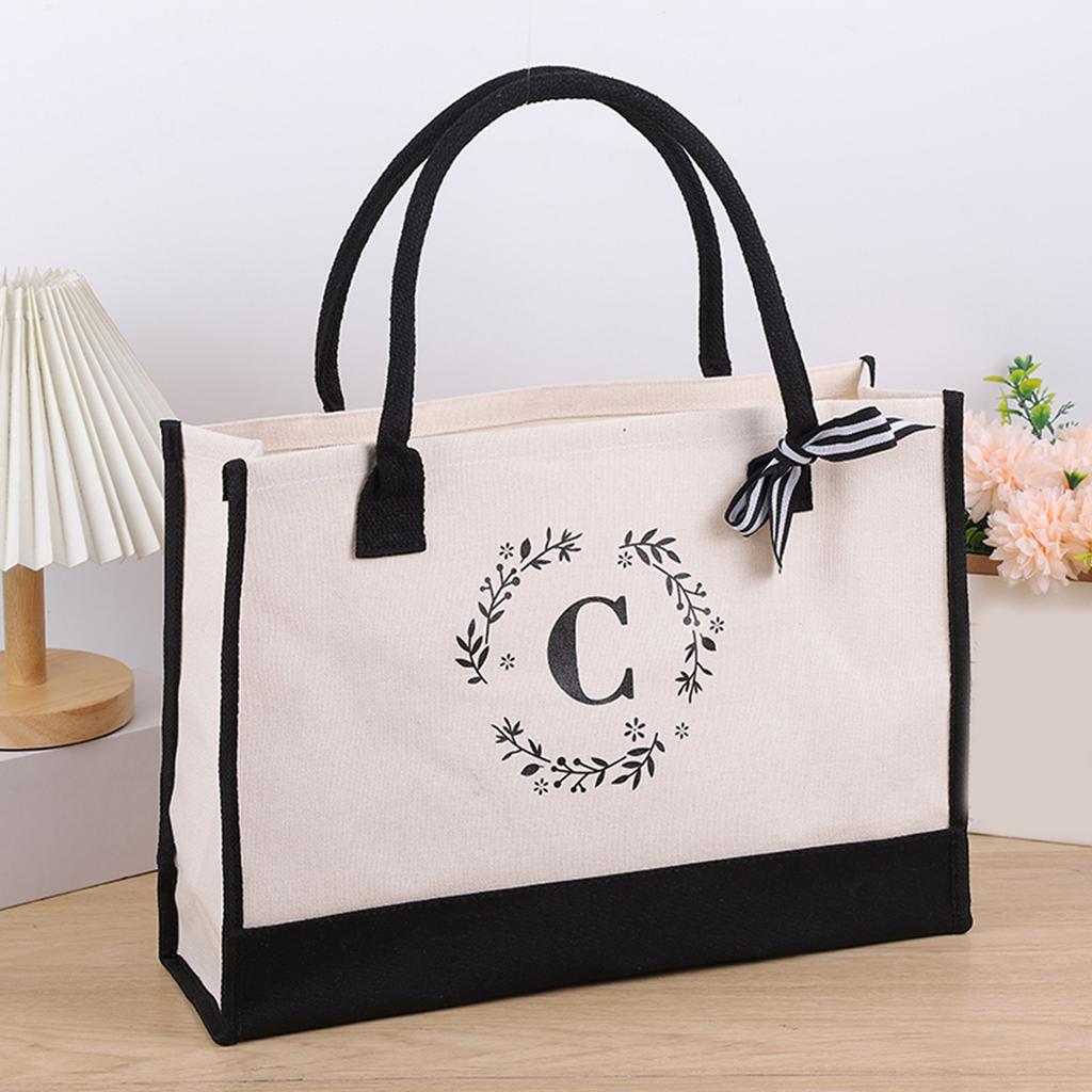 Initial Canvas Handbag Shopper Bag Shopping Bag Versatile Foldable Shoulder Bag for Girl Women Fashion Trendy Bag