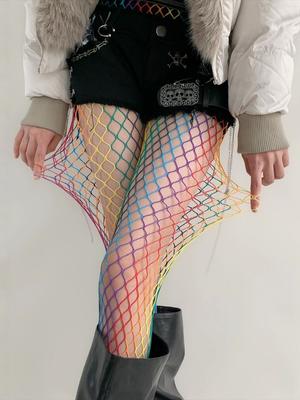 Y2K Punk Fishnet Stockings For Women Colorful Large Mesh Tights High Waist Sheer Pantyhose Gothic Jk Street Club Fashion