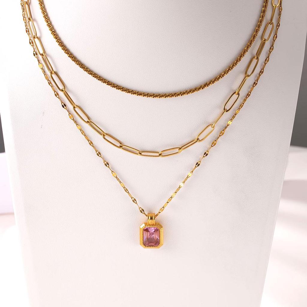 18K Gold Plated Three-Layer European Court Style Clavicle Necklace with Rectangular Cubic Zirconia
