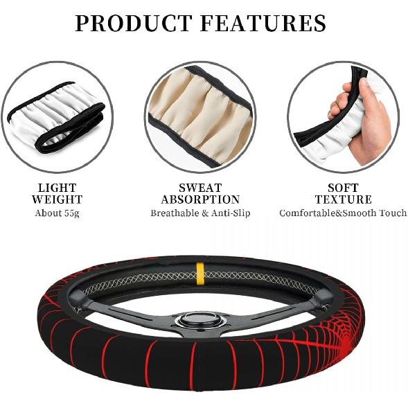 Black Spider Web Steering Wheel Cover With 2PCS Car Coasters Auto Steering Wheel Protector Anti-Slip Breathable 15 Inch Car Accessories (Black)
