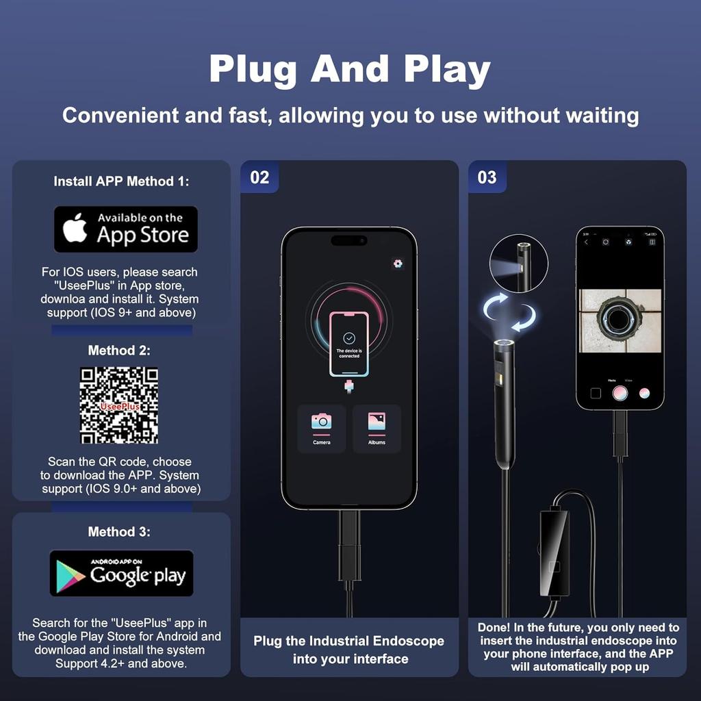 [Dual-Lens] Endoscope Camera with Light, 1920P HD Borescope with 8+1 Adjustable LED Lights, IP67 Waterproof Endoscope with 16.5ft Semi-Rigid Cable