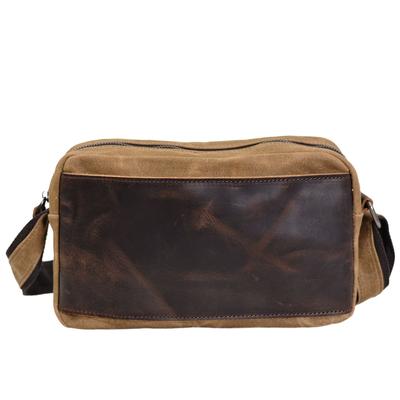 Leisure Wax Canvas Men's Shoulder Bag with Patchwork Top Layer Cowhide Retro IPad Horizontal Crossbody Bag
