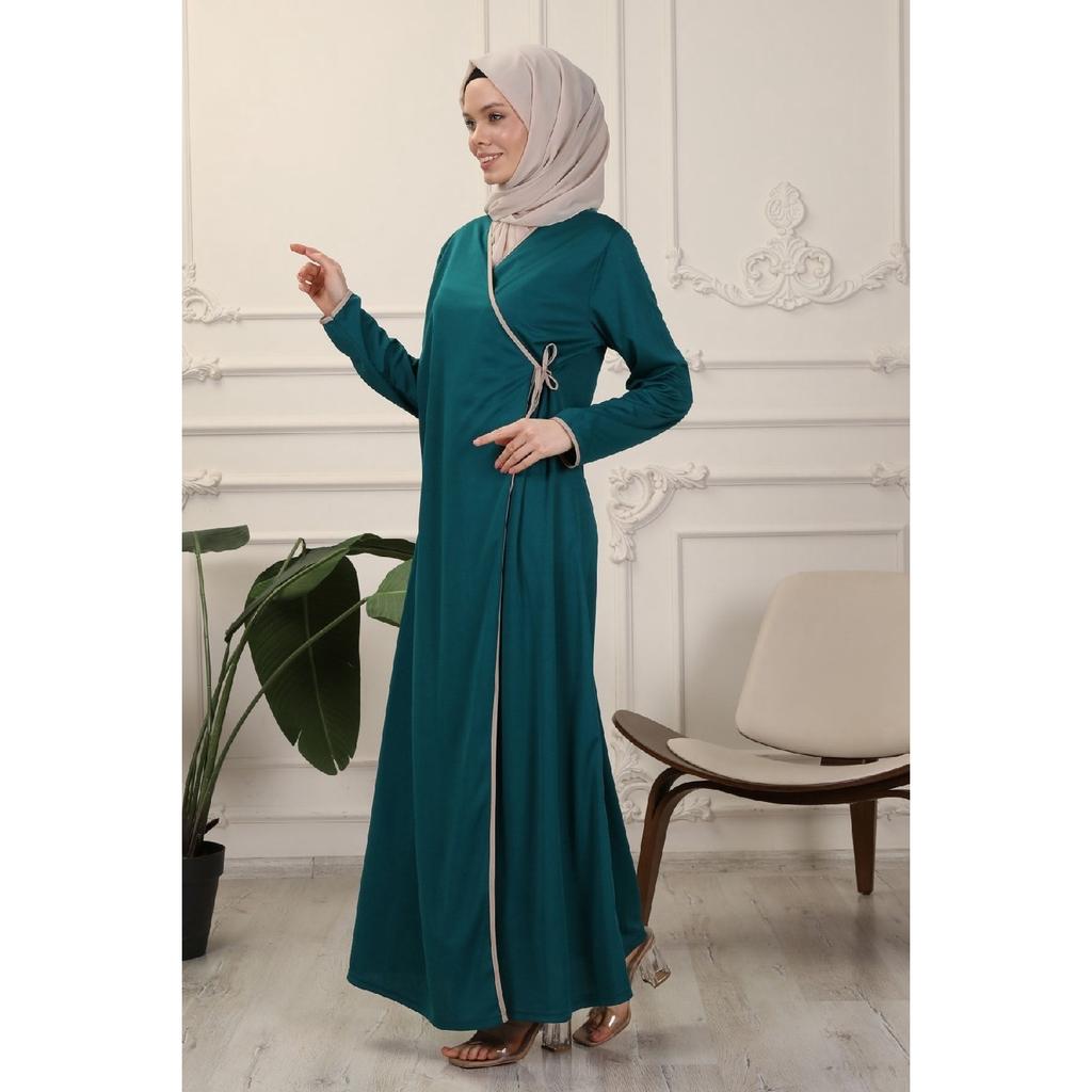 Black Double Breasted Neck Piping Flexible Interlock Fabric Prayer Dress