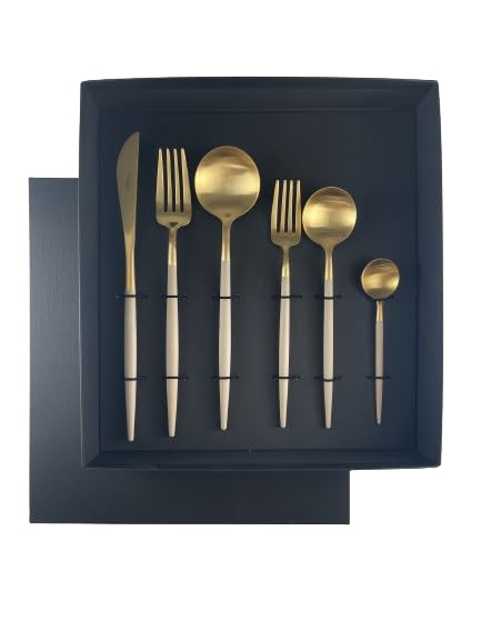 Cutipol Portuguese Cutlery GOA Ivory Starter Perfect for or As a Dishwasher Kitchen Gift Box (Authentic) Set, Gold, 6-Piece Set, Weddings, Beginners,