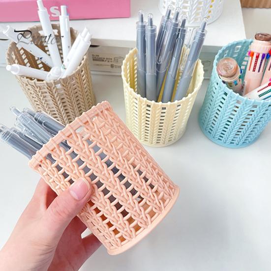 Pen Holder Imitation Rattan Holder, Round Hollow Desk Organizer, Large Capacity Pencil Accessory Cup for Pens Pencils Makeup Brushes, Nordic