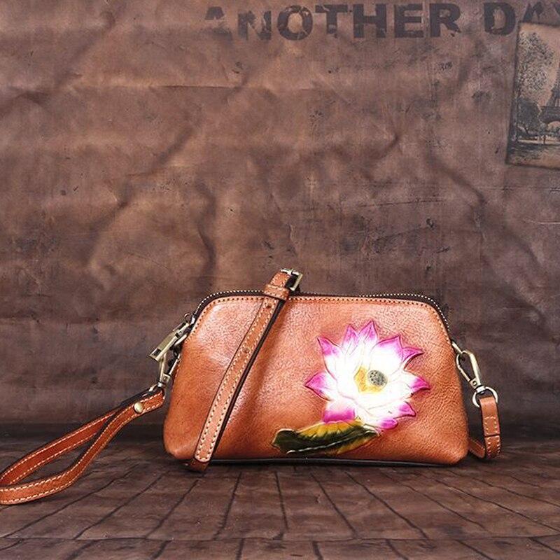 Johnature Retro reliéfní pravá kůže Malá dámská kabelka Volný čas Hovězí taška do ruky Květinová dámská mini kabelky přes rameno