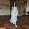 Women's Printed Long Hem Dress with V-neck and Irregular Strap Design Casual Waist Cinching Versatile and Elegant Women's Dress for Daily Wear