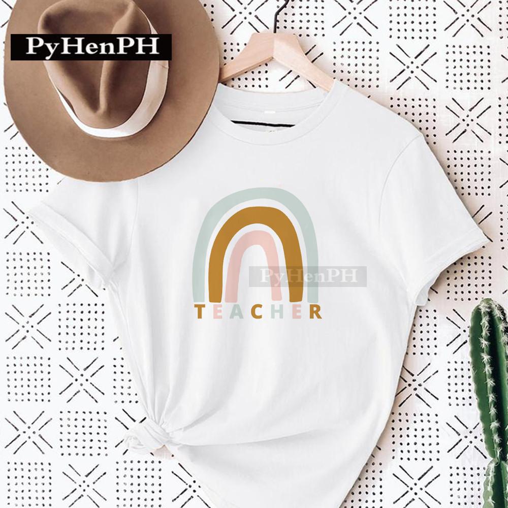 Womens Fashion Rainbow Teacher Graphic TShirt Loose Fit Casual round Neck Aesthetic Top Ins Style Modal fabric