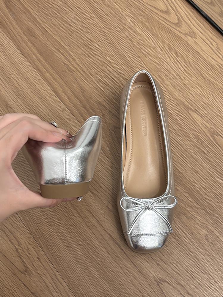 Sheepskin version~ leather small inner height increase Mary Jane shoes women's French retro bow ballet shoes single shoes