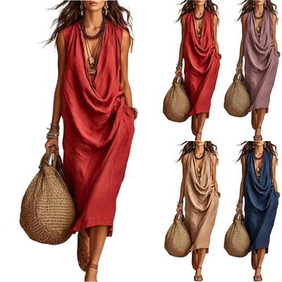 Womens Casual Loose Fit Neck Cotton Linen Midi Dress Sleeveless Relaxed Vacation Style Sundress for Summer