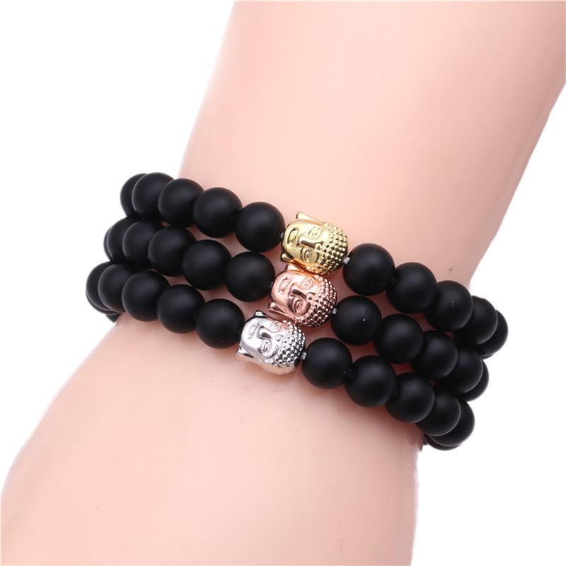 Simple Style Buddha Bracelet Men Women 8mm Onyx Stone Strand Braslet Leisure Versatile Accessories Cool Riding Hand Jewelry