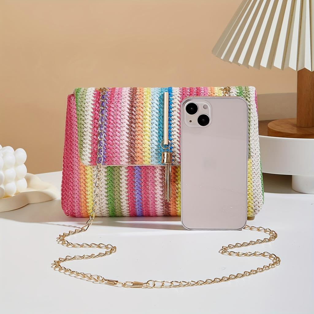 Borsa a tracolla chic a righe arcobaleno in paglia per donna, tracolla regolabile, chiusura magnetica, accento con nappa, portamonete quadrato