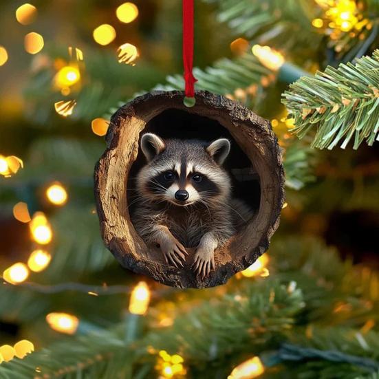 Owl Raccoon Christmas Ornament 2D Printed Acrylic Hanging Decor for Tree Festive Animal Tree Pendant